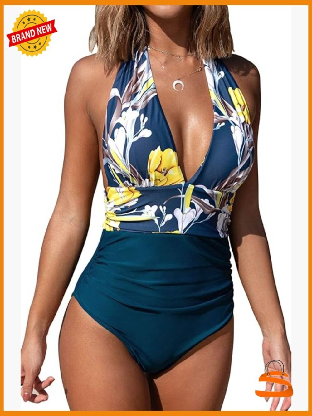 Halter One Piece Swimsuit Ruched Tummy Control V Neck Plus Size